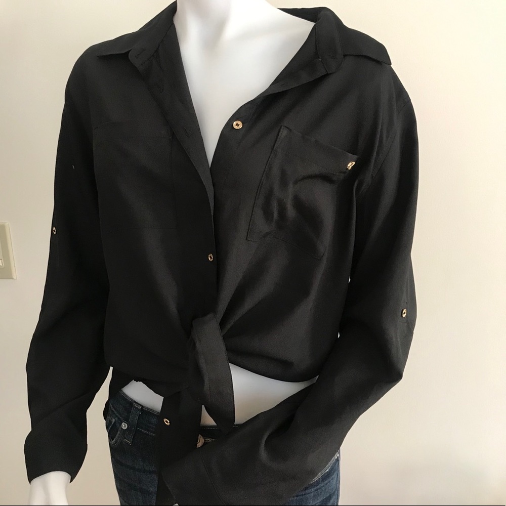 Calvin Klein CK Collared Button Blouse Black LARGE